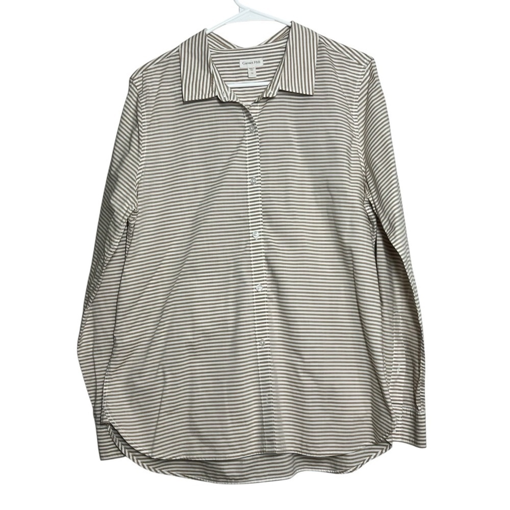 Garnet Hill Shirt Womens Size 12 Striped Organic Pima Cotton Tan White Button Up